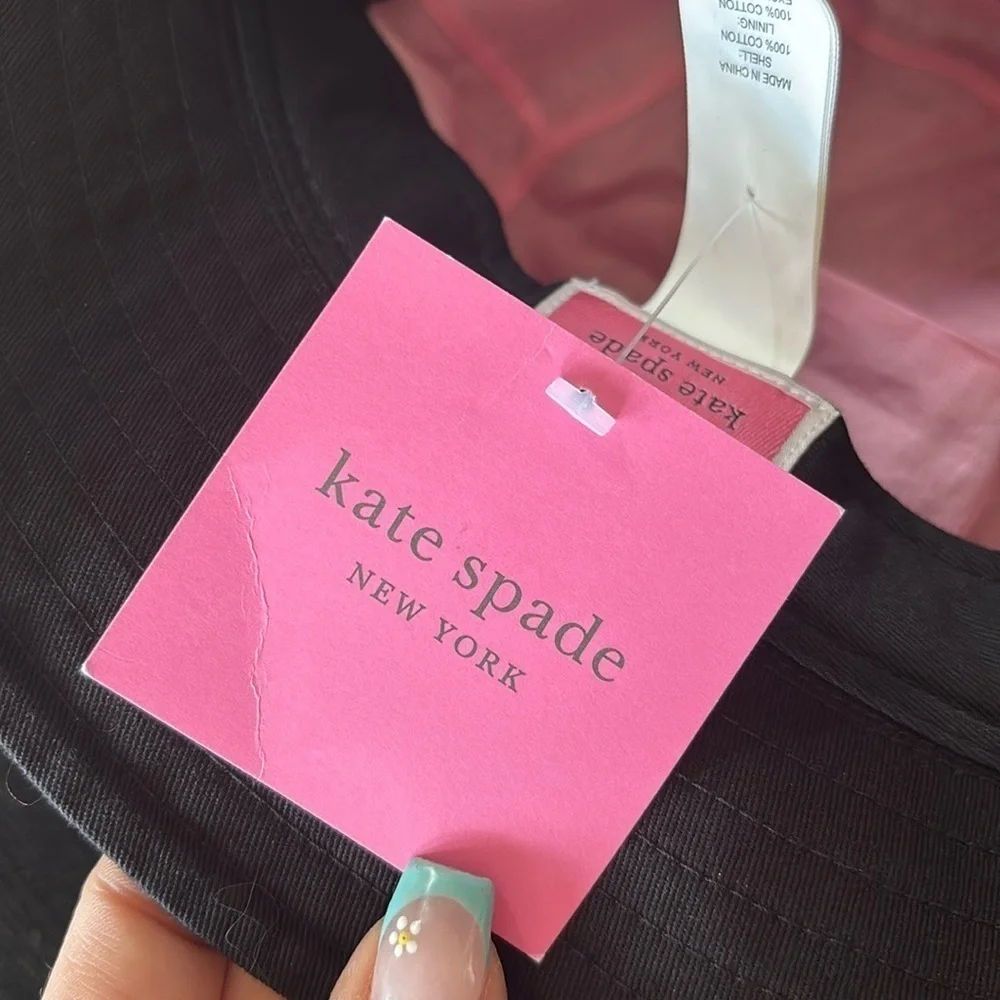Brand New Kate Spade Black Logo Bucket Hat Pink Lining Classic Preppy